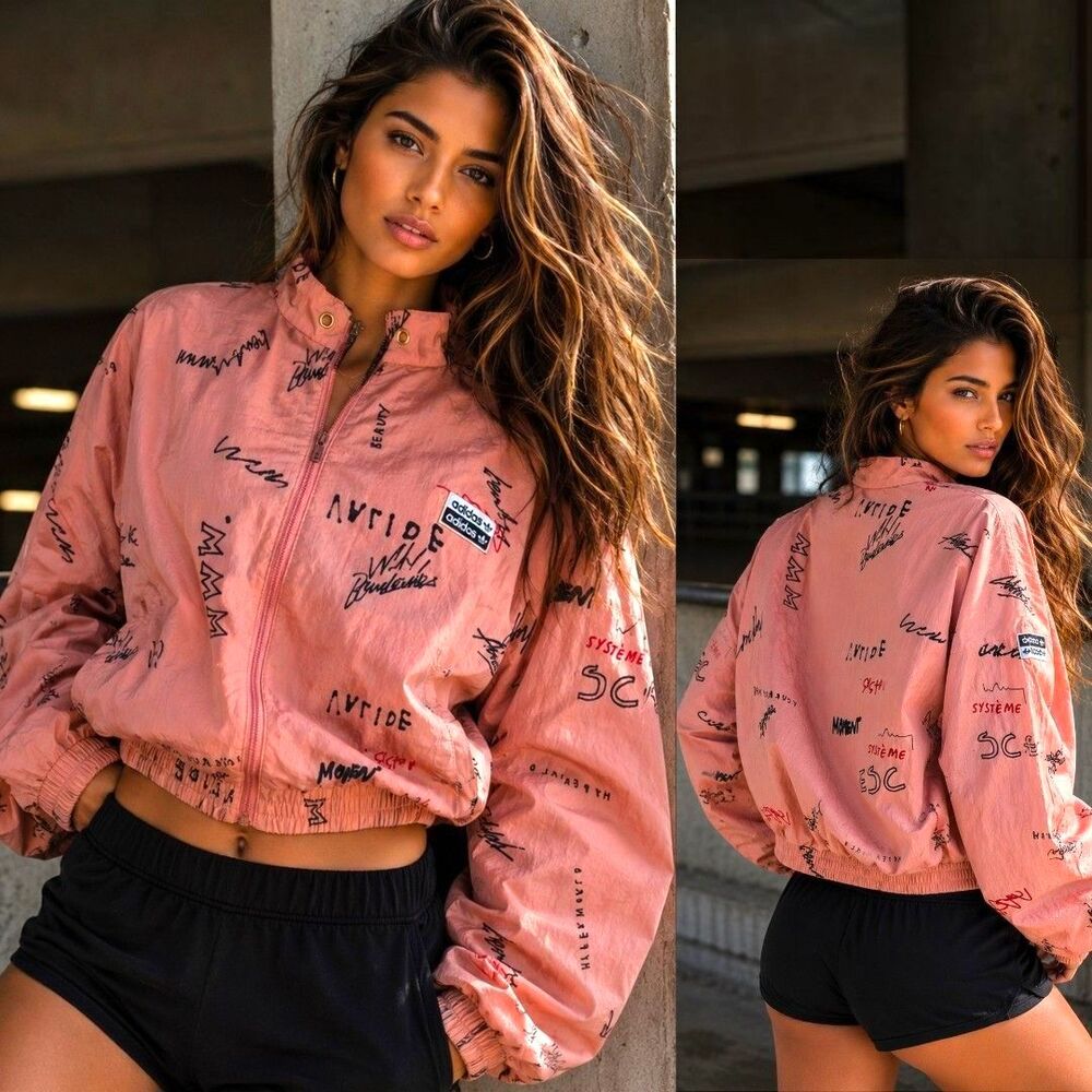 Y2K Adidas RYV Orig S Pink Graffiti Cropped Urban Windbreaker Jacket Streetwear